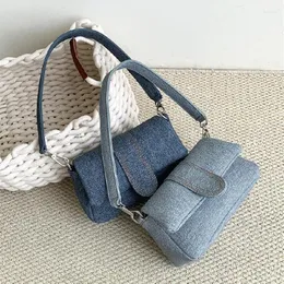 Totes Fashion Women Simple Denim Solid Shoulder Bags Vintage Office Lady Elegant Handbags Casual All Match Underarm Bag Y2k Aesthetic