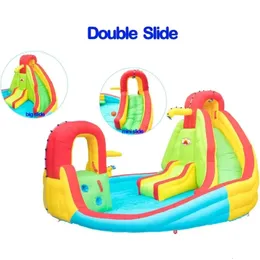 Inflatable Water Park with Blower Dual Water Slide Climbing Wall Water Gun Splash Pool Lounge Basketball Hoop and Big Slide 240403