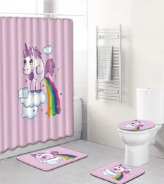 유니콘 4pcs 욕실 커튼 세트 3D 샤워 커튼 거실을위한 핑크 카펫 깔개 방지 방지 목욕 매트 화장실 러그 6486637
