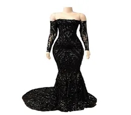 Sparkly Sequined Black Mermaid Prom Dresses 2020 Off the Shoulder Long ärms Evening Party Gowns Sop Train African Arabic Form3854821