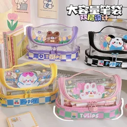 Bolsas de armazenamento Ins transparente Bolsa de caneta Papelaria fofa 2 Camadas Organizador cosmético Kawaii Caixa de estudantes de grande capacidade