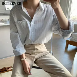 Bgteever Vintage Ladies Striped Womenes Woggees Collar-Down Collar Long Sleeve Shirts Shirts Tops Casuals Femme Spring 240403