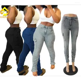 Женские джинсы Осень 2024 года нарисованные плиссированные боковые карманы мода личность с низкой талией.