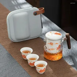 Teaware sätter Creative Outdoor Travel Tea Set en krukor med tre koppar Home Portable Bag Glass Strykning Quick Cup Ceramic