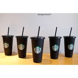 Stanleliness Starbucks Mermaid 여신 머그잔 24oz/710ml 플라스틱 텀블러 재사용 검은 색 마시는 평평한 바닥 컵 기둥 모양 뚜껑 밀짚 v3a4