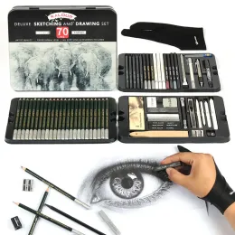 Uppsättningar 70st Set Sketching Drawing Pencils Metal Box Art Kits Kolgrafit Stick Accessories Komplett Graphing Series Stationery