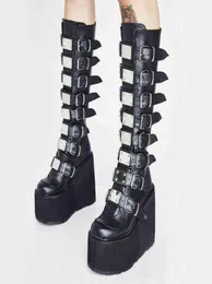 Punk Style Brand Ladies Motorcykelstövlar Black Fashion Wedge High Heel Shoes Autumn Winter Gothic Demonias Platforms Woman Boots Y8136496