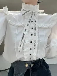 Camisas Blusas Mujer de Moda Fall French Court Style Vintage Shirt Bowknot Fungus White Top Letter Blouse Ribbon S 240407