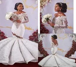 Shinny Crystal African Off Shoulder Mermaid Wedding Dresses 고급 슬리브 오픈 백 깎아 지른 레이스 신부 가운 플러스 크기 커스텀 7092733