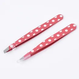 2024 2PCS Hair Removal Tweezers Stainless Steel Eyebrow Clips Mini Pink Dots Slanted Flat Tip Point Eye Brow Makeup Beauty Tool Set for Hair