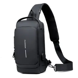 Multifunction Patent Leather Chest Bag Men Waterproof Crossbody Antitheft Travel Male USB Charging Pack 240402