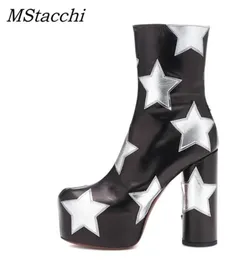 Mstacchi platforma kostki dla kobiet luksusowa gwiazda drukowana naprawdę skórzana wysokie obcasy buty butów botinów botyny Mujer 2011055311580