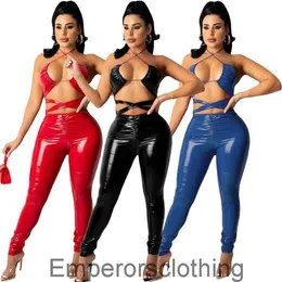 A3294 womens new PU leather bright face sleeveless hanging neck Slim Fit Sexy one-piece pants leather