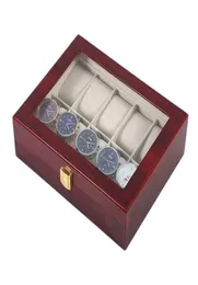 10 Gitter Retro Red Wooden Watch Display Hülle Langlebige Verpackungshalter Juwely Kollektion Aufbewahrungswache Organizer Box Sarg T200522188722