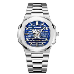 Avanadores de pulso Business Business Black Technology Watch Men's Fine Steel Band Night Glow Hollow totalmente automático mecânico automático