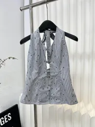 New Fashion 2024 Summer Stripe Embroid Pattern Sleeveless Tops Hollow Out Casual Vest Shirts Off Shoulder Women's Tank Top