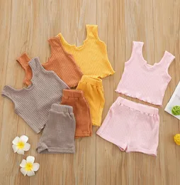 Summer Kids Solid Clothing Sets Дети рукавиц жилет шорты Topece Set Set Set Toddler вязаные наряды M34998063420