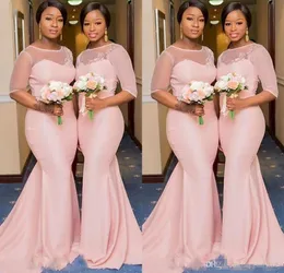 2019 Sheer Lace Neck Blush Pink African Nigerian Mermaid Bridesmaid Dresses with Sleeve Plus Size Maid of Honor Wedding Guest Gown4217866