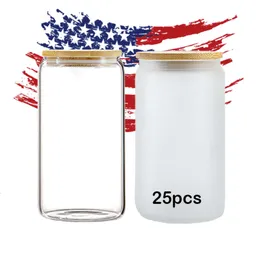 RTS Hot Sale 16oz 25oz Frosted Clear Bottles Water Bottle Sublimation Blanks Beer Glass Can Cup with Bamboo Lid and Straw