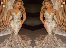 2017 Unique Design Luxury Gold Prom Dresses Mermaid V Neck Sexy African Vestidos De Festa Special Occasion Dresses Evening Gowns2282519