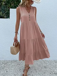 Jim Nora Casual Summer Midi Dres Sleeveless Cancini a V sul collo Abiti sciolti Abiti sciolti Beach Soild Drending Fashion 240325