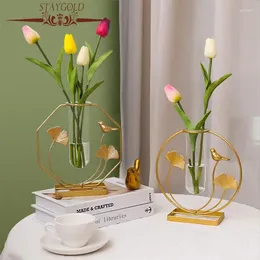 Vases Nordic Light Luxury Ginkgo Leaf Iron Art Glass Hydroponic Flower Decoration Living Room Desk