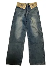 Kvinnliga logotypbrev broderi strass lappad lös hög midja bred ben denim jeans deser långa byxor byxor smlxl