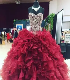 2018 Nya Crystal Poed Sweetheart Bodice Corset Organza Ball Gowns Quinceanera Dresses Bourgogne Prom Gowns QQ067314732