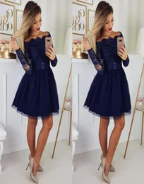 Long Sleeves Navy Blue Homecoming Dresses Knee Length Short Party Dress Lace Prom Gowns9747526