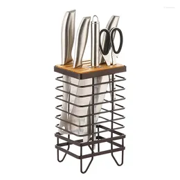 Kitchen Storage Hollow Dry Stainless Steel Mesh Knife Stand Rack Wood Vertical Scissors Sharpener Shelf Knives Holder Organizer