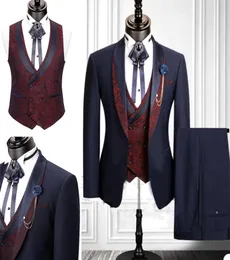 Custom Made 3 Piece Wedding Tuxedos Party Fit Formal Business für Man Suits Marine Printed Peaked Revers Blazer Suit1286013