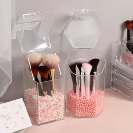 Transparent akryl sminkborste hållare makeup arrangör kosmetisk hållare blyerts läppstift skrivbord container bordsmakeup lagringslåda