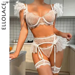 Sexy Conjunto Ellolace Feather Lingerie Fancy Chique Roupa Bra Wir Chave Mental Custome Uncensord Ruffle Larters de 4 peças Lace íntima L2447