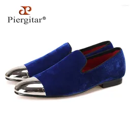 أحذية غير رسمية Piergitar Black and Blue Velvet Men with Gold Sliver Toe Fashion Fashion Barket Lanquet Laiders Handmade Male Flat
