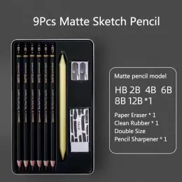 Pencils 9pcs Matte Sketch Pencil Set Art Graphite Drawing Sketch Pencil HB 2B 4B 6B 8B 12B Painting Writing Lead Design Pencils Supplies