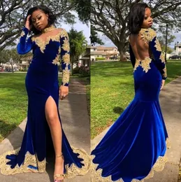 2020 Plus Size Velvet Arabic African Prom Dresses Long Sleeves Gold Lace Mermaid Muslim Evening Gowns4020828