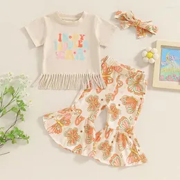 의류 세트 유아 아기 여자 여름 3pcs 옷 정장 캐주얼 짧은 슬리브 티셔츠 나비 인쇄 플레어 바지 머리띠 의상