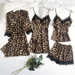 Hemkläder 4st Leopard Pyjamas kostym Satin Brown Nightwear Loose Sleepwear Pyjamas ARRIVAL NATTLOWN SEXY