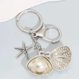 Keychains Lanyards Fashion Pearl Starfish Shell Alloy Keychain Silver Color Sea Key Chains For Making Handmade DIY Jewelry Accessories Findings Q240403