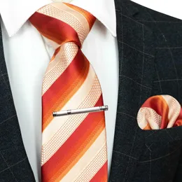 Krawat za szyję męskie paski pomarańczowy krawat 8 cm jedwabny elegancki męski naszyjnik kieszonkowy krawat zestaw klips