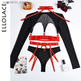 Set sexy Ellolace Lingerie sexy Taglia il top in pizzo trasparente T-shirt esotici Accessori sensuali gotici Accessori per giarrettiera a 4 pezzi Outfit L2447