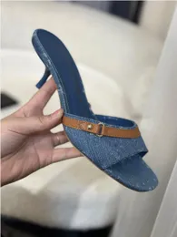 Denim Mules Neo Revival Mule Designer Sandals Beach Luxury Stileetto High Heel Slide Slide Women's Vintage Print Sandal