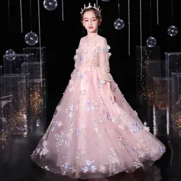 2024 Новое роскошное платье с цветочной девушкой с длинными рукавами 3D цветы кружевные аппликации розовое мяч