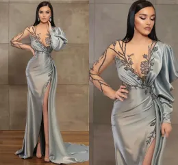 Vestidos árabes aso ebi vestidos de noite 2021 ilusão mangas compridas Apliques de renda de renda com miçangas de baile de baile sexy fenda lateral acetinada ruched ocas