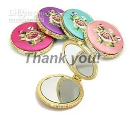 Vintage Round Foldable Compact Mirror Party bevorzugt die chinesische Seidenstickstätte doppelseitiger Taschenspiegel 10pcslot Mix Farbe Shi8644945