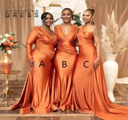 African Orange Red V Neck Plus Size Mermaid Sukienki druhna Nigeria Girls Ruched Satin Wedding Guest Dress Sexy Long Maid of Ho9366089