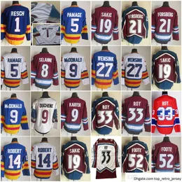 1972-1999 فيلم Retro CCM Hockey Jersey Embroidery 33 Patrick Roy 52 Adam Foote 9 Lanny McDonald 8 Teemu Selanne 14 Rene Robert 19 Joe Sakic 21 Peter Forsberg Jerseys