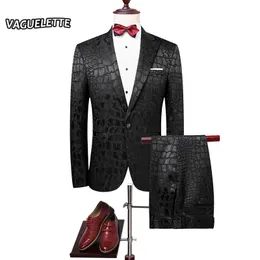 Vaguelette Pattern Men Suit Sump Blazer Set Black Abits con pantaloni da sera per feste da sera 240312