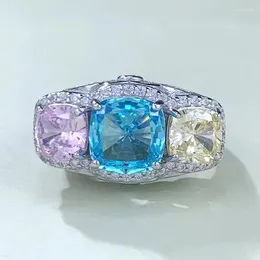 Cluster Rings 2024 S925 Silver 2 Colorful Diamond Ring Set With Yellow Blue Pink Personalized Full Luxury Women