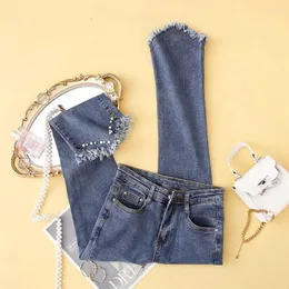 Jeans femininos de verão alta cintura casual s miçangas pregadas de pérolas